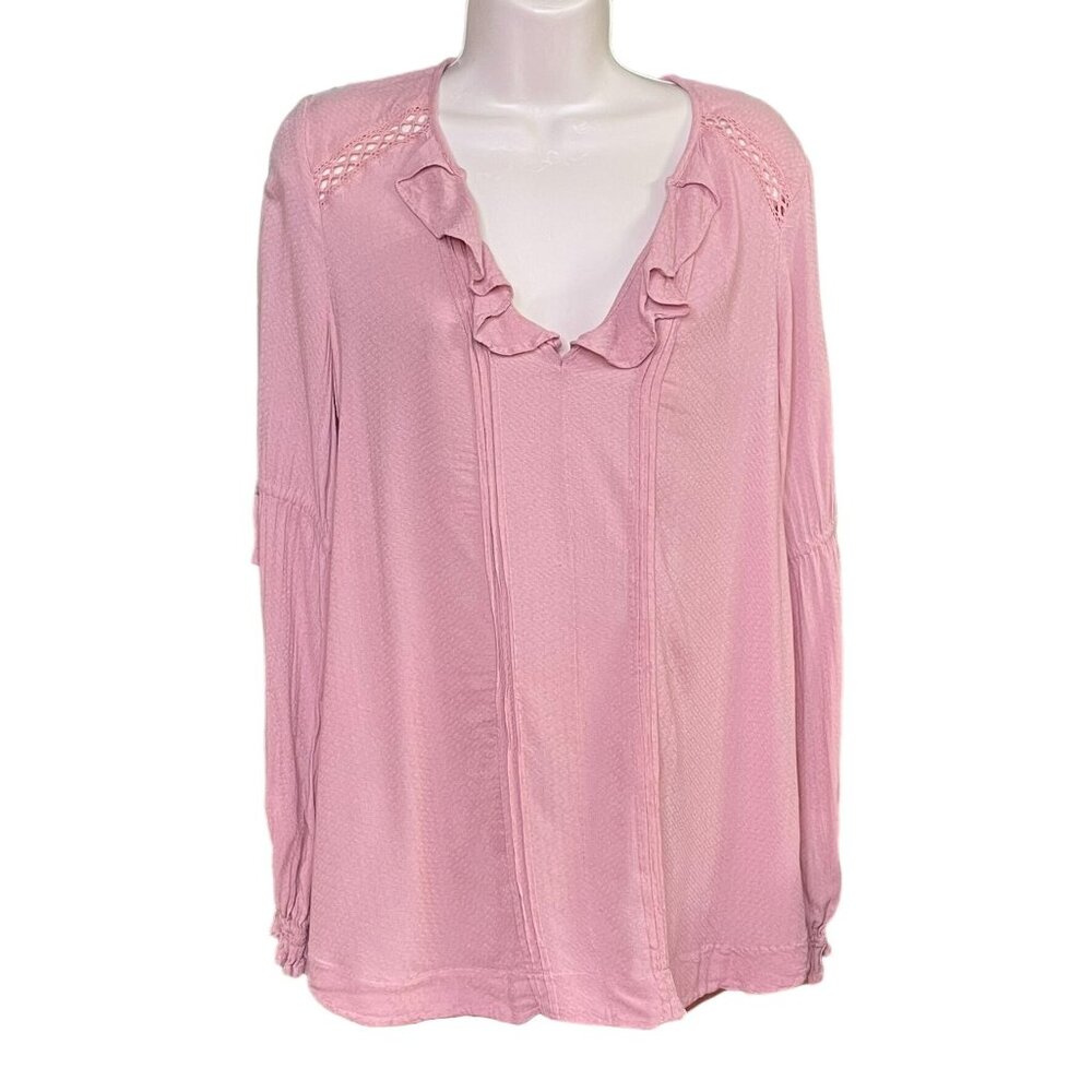 Free People Pink Boho Blouse Top Ruffle Collar Draw String Mid Sleeve Size XS u